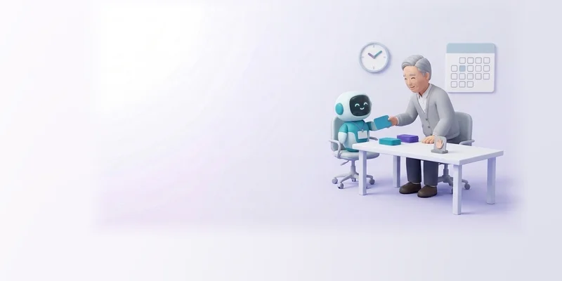 ベテラン社員が判断を記した資料を、机に座る AI の同僚に手渡している様子